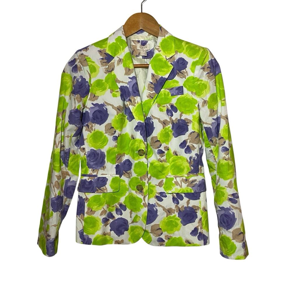 J. Crew Watercolor Green Purple Floral Printed Blazer Suit Sz 2 NWT Office Work